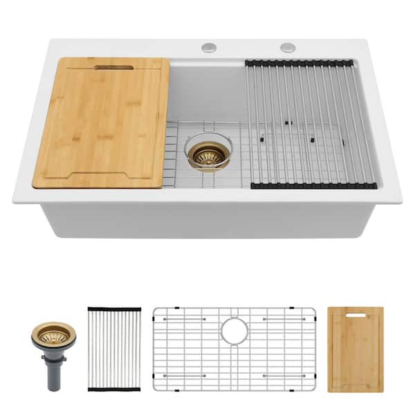 33 in. Drop in Single Bowl Quartz Workstation Kitchen Sink in White with Bottom Grid and Accessories