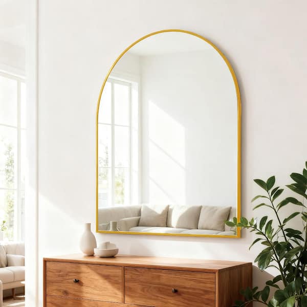 Lirago Gold 30 in. W × 36 in. H Metal-Framed Arched Wall-Mounted