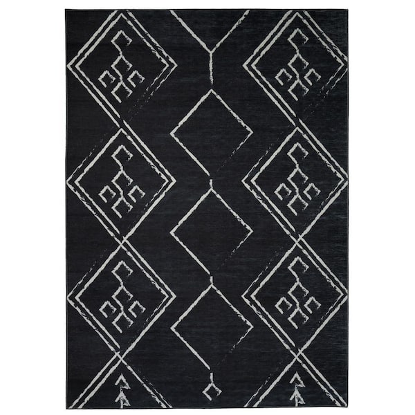 Aspen Black Creme 9 ft. x 12 ft. Machine Washable Tribal Moroccan Bohemian Polyester Non-Slip Backing Area Rug