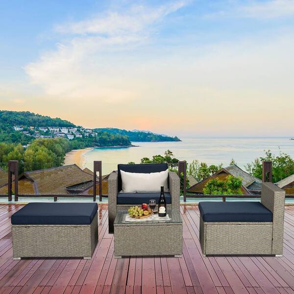 Tunearary Garden Patio 4-Piece Gray PE Rattan Wicker Sectional Sofa Sets Table with Navy Cushioned