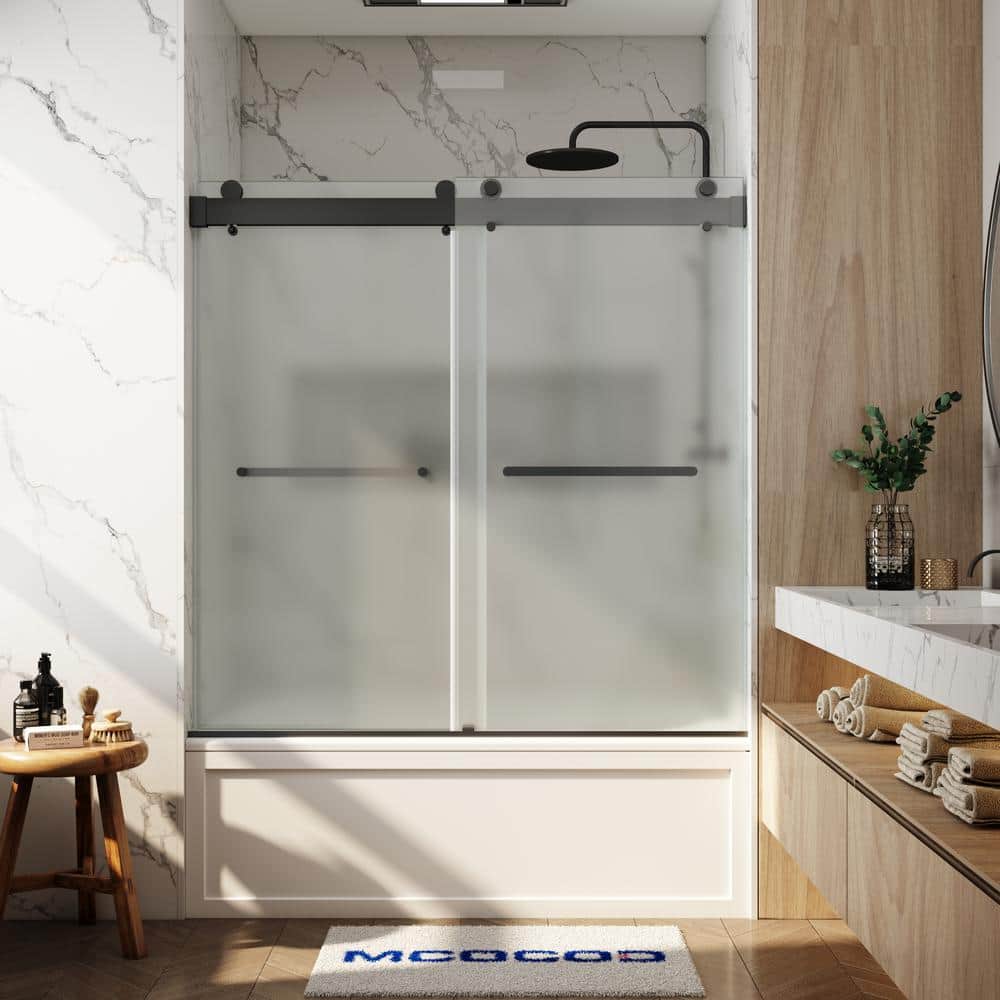 56-60.75 in. W x 66 in. H Double Sliding Frameless Soft Close Tub Door in Matte Black with 3/8 in. Frosted Glass price history on PriceWatchPro