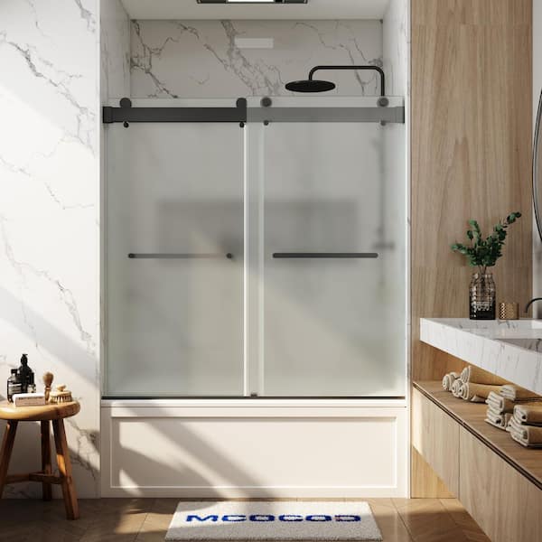 MCOCOD 56-60.75 in. W x 66 in. H Double Sliding Frameless Soft Close Tub Door in Matte Black with 3/8 in. Frosted Glass
