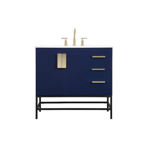 Unbranded Simply Living 36 in. W x 22 in. D x 33.5 in. H Bath Vanity in Blue with Ivory White Engineered Marble Top