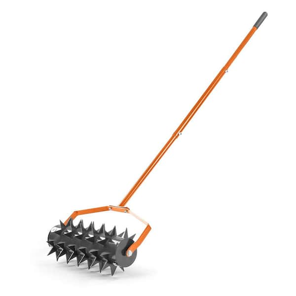 18 in. Manual Rolling Lawn 22-Tine W Spike Aerator Grass Aeration Tool in Black Orange