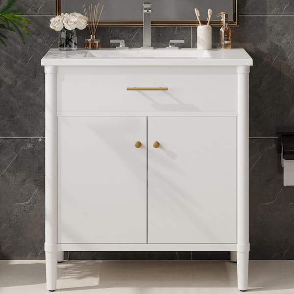 31 in. Freestanding White Bath Vanity with White Ceramic Top Bathroom Door Storage Cabinet Unassembled