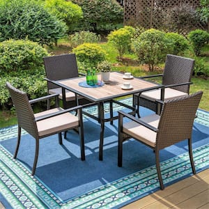 Black 5-Piece Metal Square Table Patio Outdoor Dining Set with Rattan Chairs with Beige Cushion