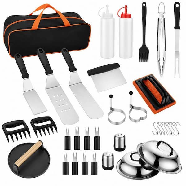 38-Piece Grill Tools Set for Outdoor Barbecue, Griddle Spatula Set with Tongs, Smash Burger Press, Carry Bag, Orange