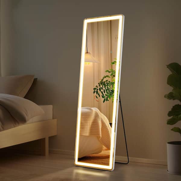 16 in. W x 60 in. H Rectangular Framed Tilt Wall Bathroom Vanity Mirror in White with LED Lights