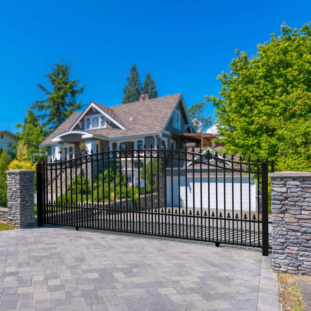 Black Steel Arched Sliding Driveway Gate with Pointed Pickets