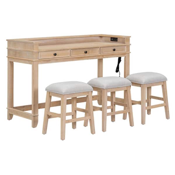 Unbranded 4-Pieces Rubber Wood Outdoor Dining Set, Bar Table Set with 3-Upholstered Stools, Natural Wood Wash