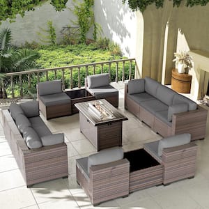 13-Piece Wicker Patio Conversation Set with 55000 BTU Gas Fire Pit Table and Glass Coffee Table and Grey Cushions