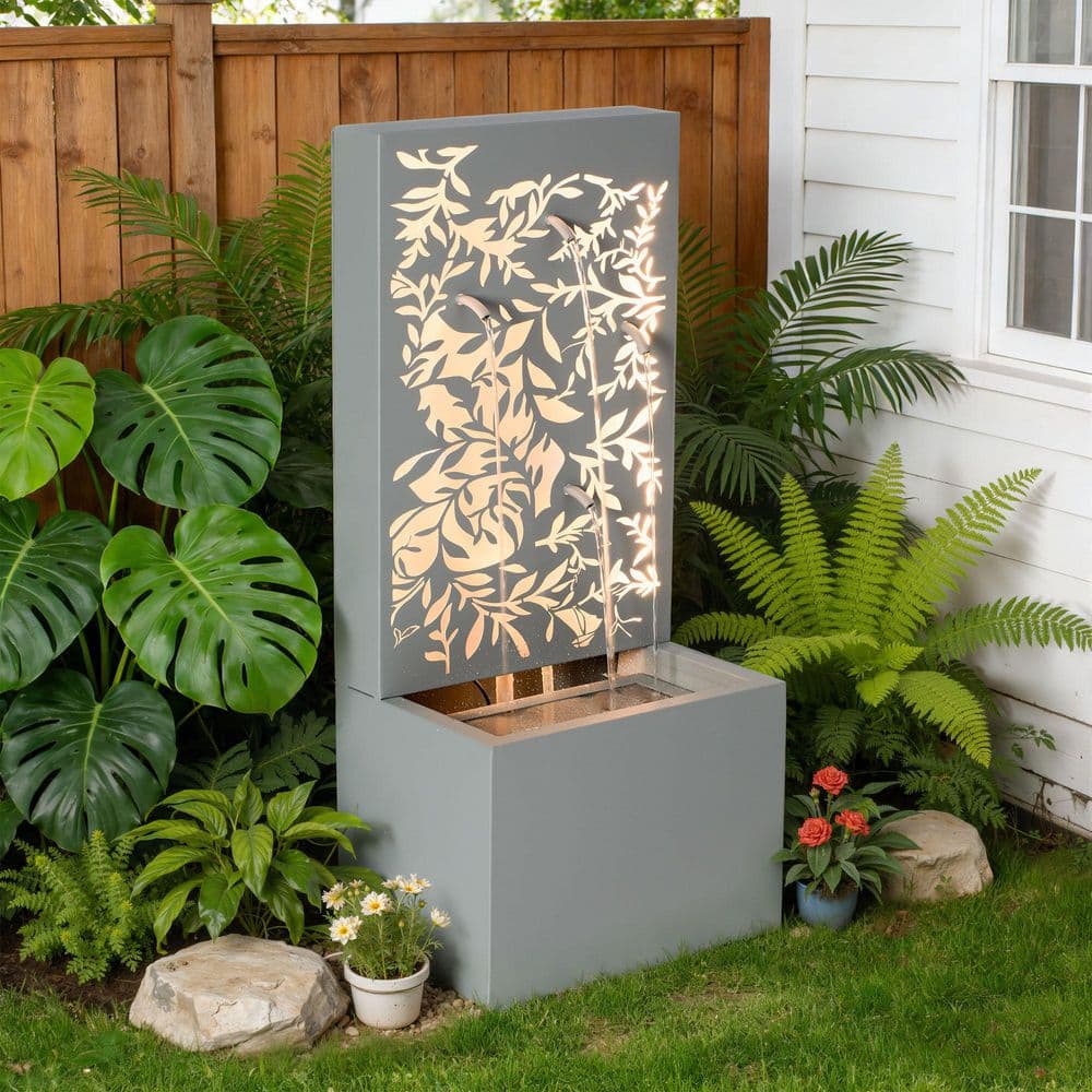Jorge 30.71 in. H Gray Metal Leaf Cutout Outdoor Waterfall Fountain with LED Lights price history on PriceWatchPro