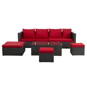 7 Piece PE Wicker Outdoor Patio Sofa Sectional Furniture Set with Tempered Glass Coffee Table and Red Cushions