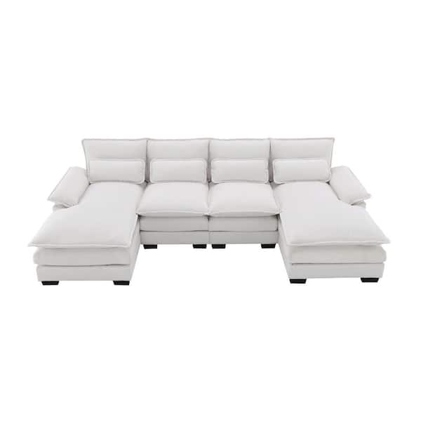 110 in. Double Cushion Chenille Modular U-Shaped 6-Seat Sectional Sofa in White with Waist Pillows, 2 Chaise Lounge