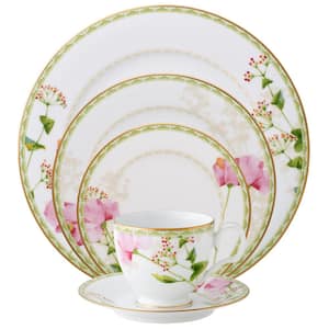 Poppy Place (White and Pink) Porcelain 5-Piece Place Setting, Service for 1
