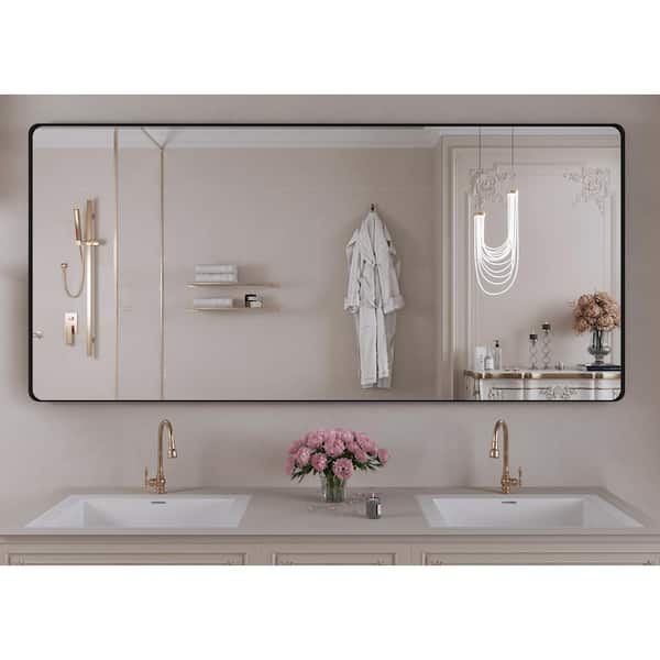 Klajowp 60 in. W x 28 in. H Large Rectangular Angle rounded Framed Wall Mounted Bathroom Vanity Mirror in Black