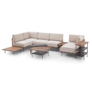 Brown 10-Piece Wicker Outdoor Sectional Set with Plush Beige Cushions