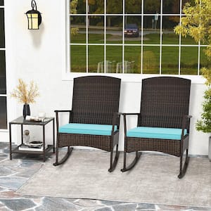 3-Piece Metal Wicker Patio Conversation Set in Turquoise Cushions with Rocking Chair