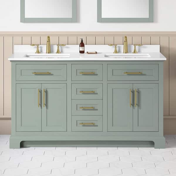 Doveton 60 in. Double Sink Sage Green Bath Vanity with White Engineered Stone Top (Assembled)