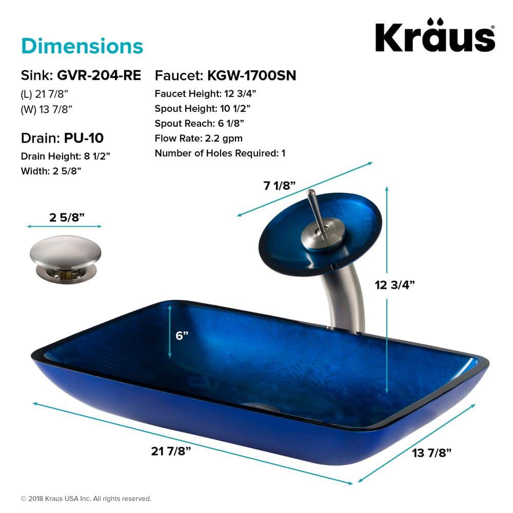 Fire Blue Glass Rectangular Vessel Sink with Satin Nickel Faucet