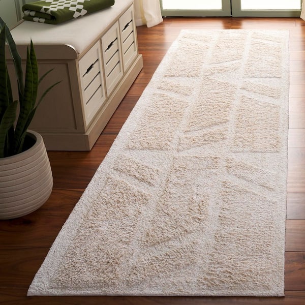 Easy Care 2 ft. x 9 ft. Ivory Machine Washable High-Low Geometric Solid Runner Rug