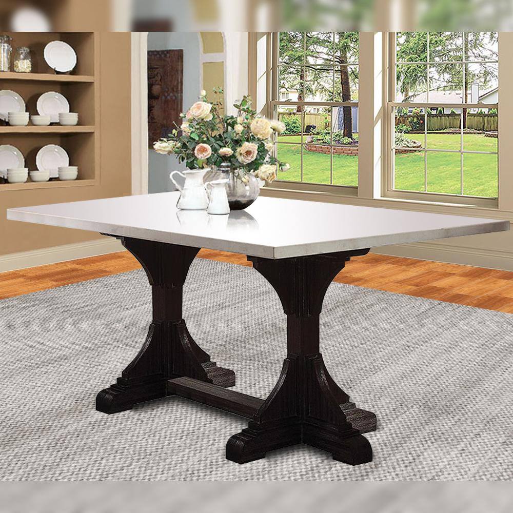 Transitional Reclaimed Wood & White Marble Dining Table, Weathered Espresso