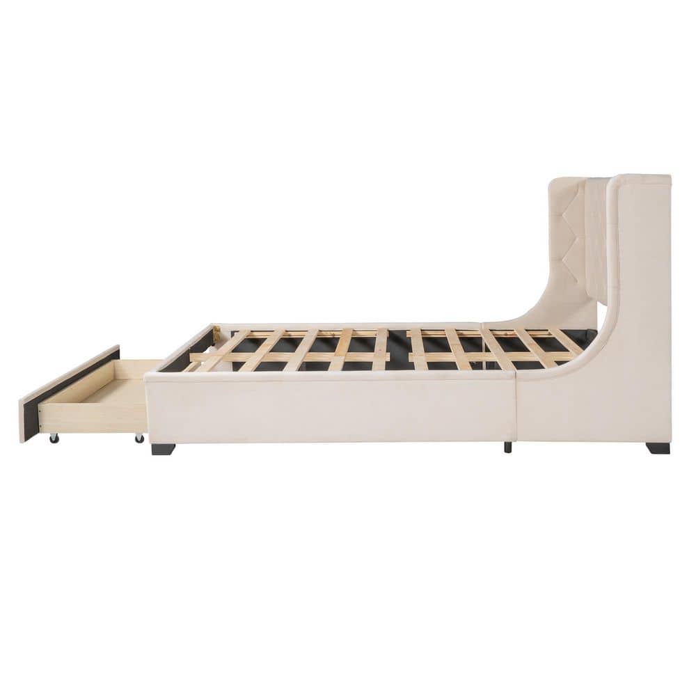 Beige Velvet Upholstered Queen Platform Bed with Storage Drawer