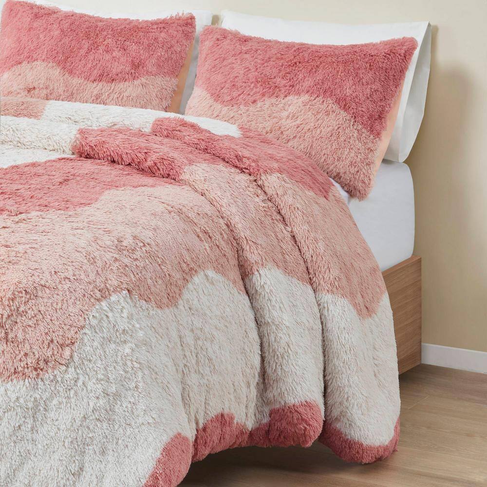 Blush Ombre Shaggy Faux Fur Queen Duvet Cover Set