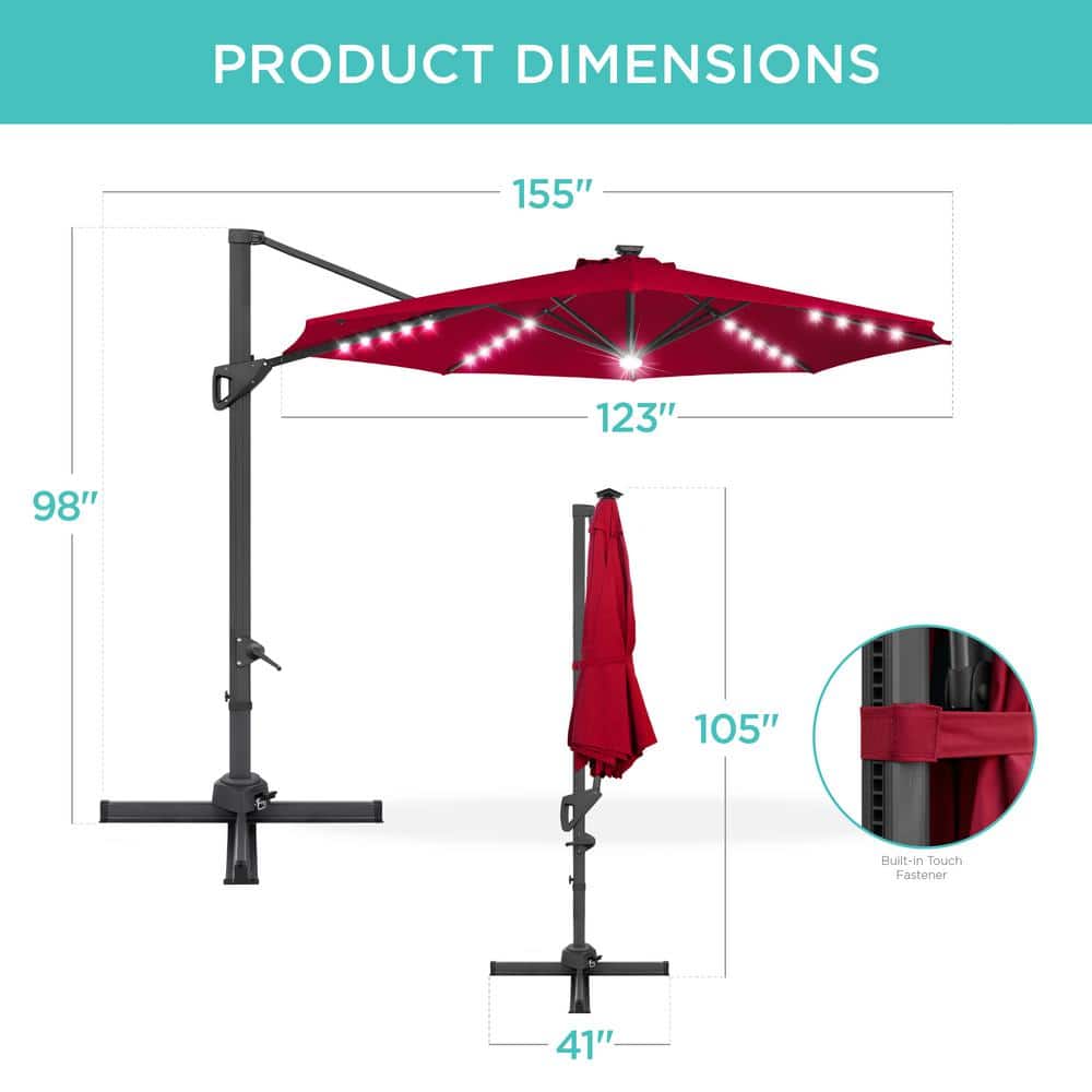 Red Solar LED Cantilever Patio Umbrella with Powder-Coated Aluminum Pole