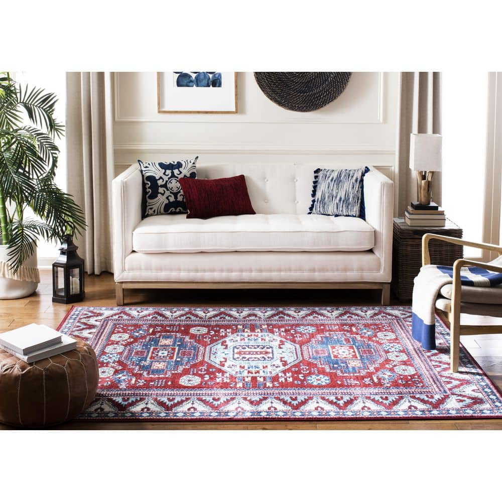 Kazak Red and Blue 4' x 6' Synthetic Area Rug