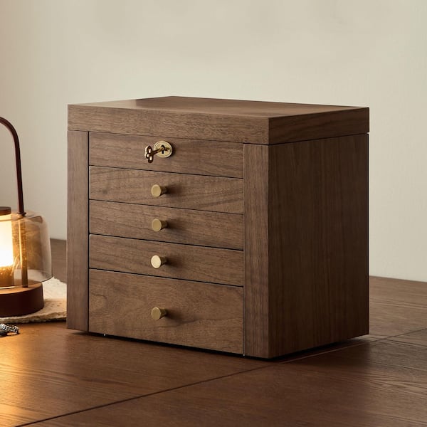 Minimalist Walnut Color MDF with Walnut Veneer Pull-out with Locking and Mirror 5-Layer Jewelry Box
