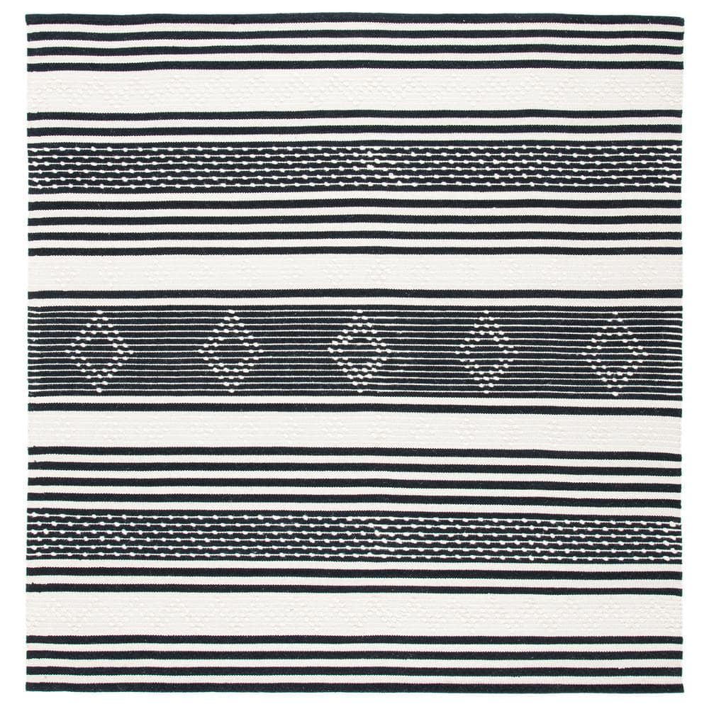 Black and Ivory Striped Wool Cotton Square Rug