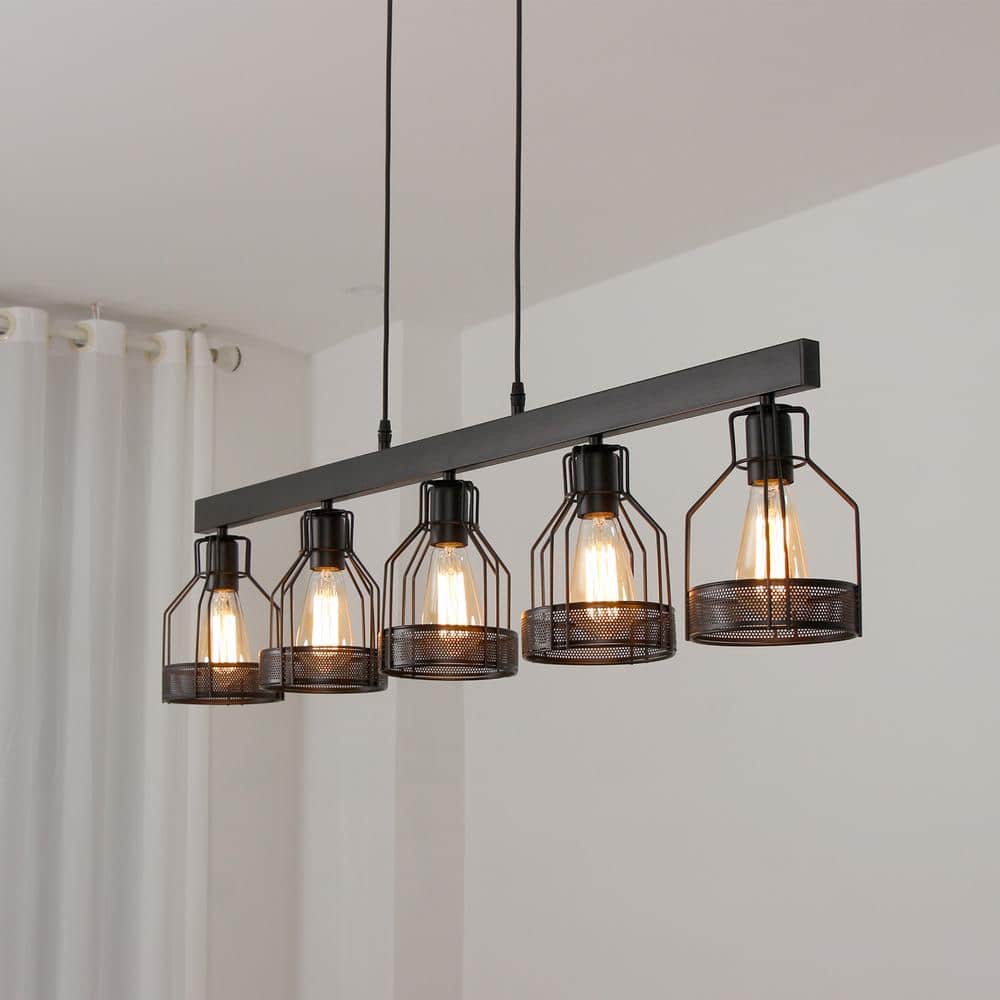 Black Metal Cage 5-Light Linear Island Chandelier
