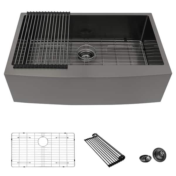 Logmey 30 in. Gunmetal Black 16-Gauge Farmhouse Apron Front Single Bowl Stainless Steel Kitchen Sink with Bottom Grid