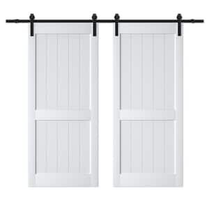 72 in. x 84 in. Paneled H Shape MDF White Primed Double Sliding Barn Door Slab with Hardware Kit