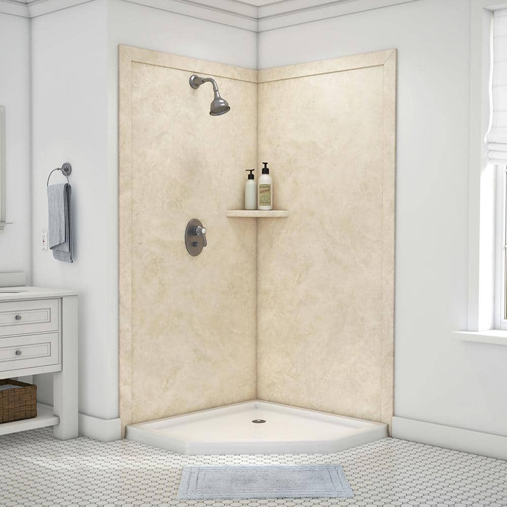 Splendor Creme Travertine Corner Shower Kit with Shelf