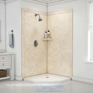 Splendor 40 in. x 40 in. x 80 in. 7-Piece Easy Up Adhesive Corner Shower Wall Surround in Creme Travertine