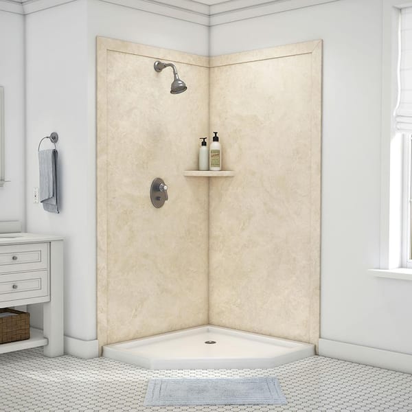 FlexStone Splendor 40 in. x 40 in. x 80 in. 7-Piece Easy Up Adhesive Corner Shower Wall Surround in Creme Travertine