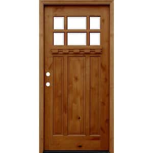 36 in. x 80 in. Craftsman Rustic 6 Lite Stained Knotty Alder Wood Prehung Front Door with Dentil Shelf