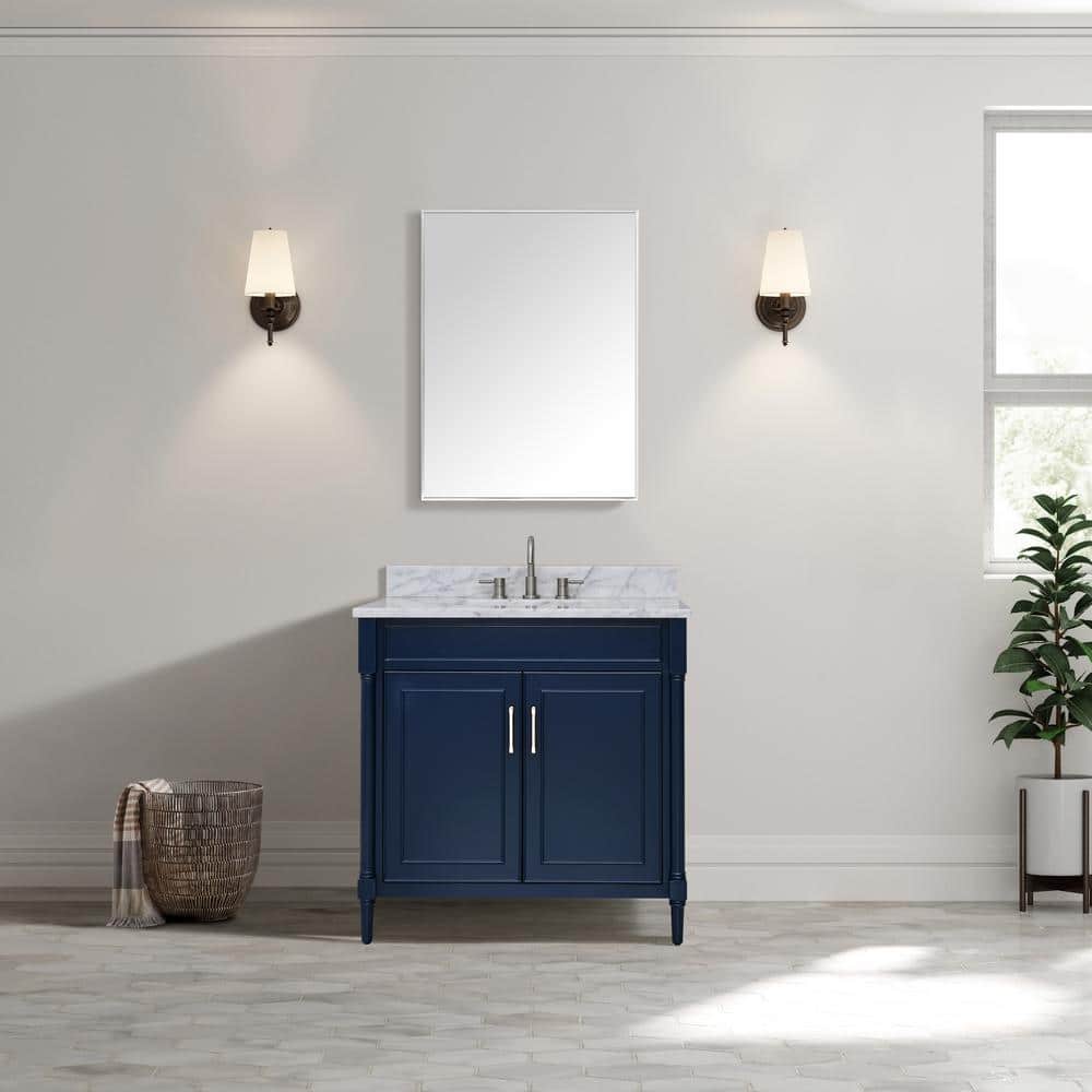Navy Blue Single Bathroom Vanity with Carrara Marble Top