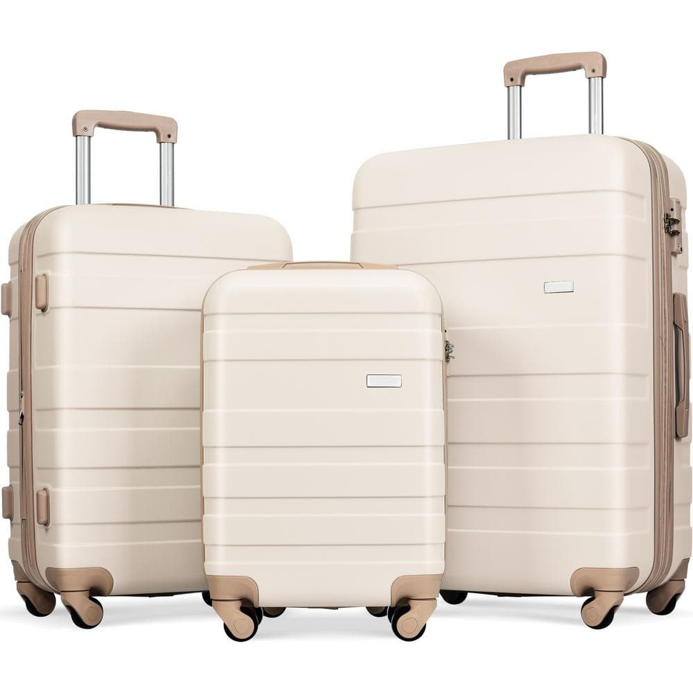 Ivory and Golden Lightweight Durable 3 Piece Expandable ABS Hardshell Spinner Luggage Set with TSA Lock