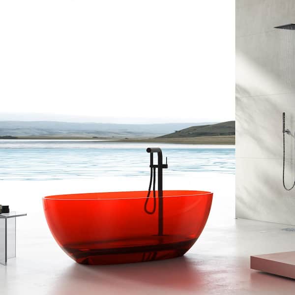 Vanity Art 67 in. x 30 in. Freestanding Oval Soaking Stone Resin Bathtub in Pure Resin Red with Polished Chrome Pop Up Drain