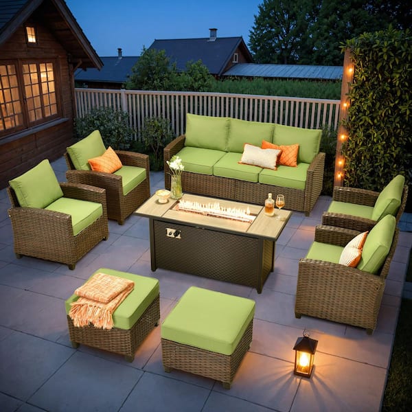 Serena Grey 8-Piece Modern Outdoor Wicker Conversation Sofa Set with Metal Rectangular Fire Pit and Green Cushions