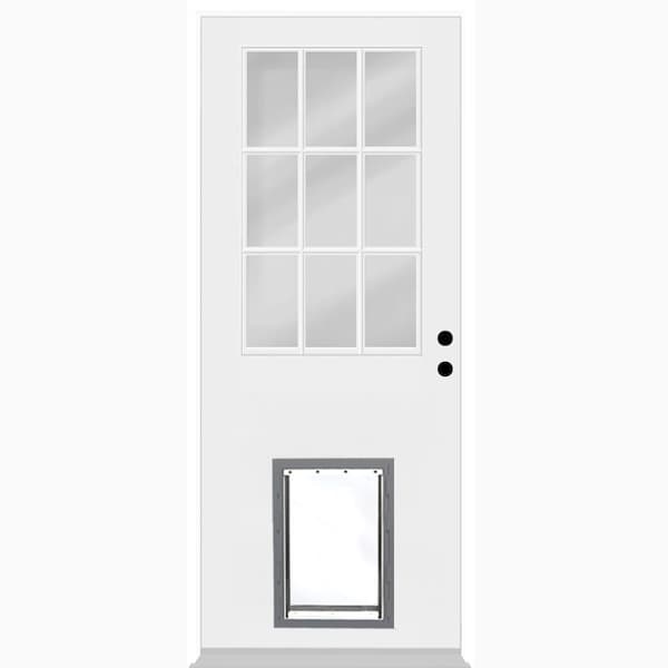 Reliant 32 in. x 80 in. 9 Simulated Divided Clear Lite LHIS Primed Fiberglass Prehung Front Door w/ Large Pet Door