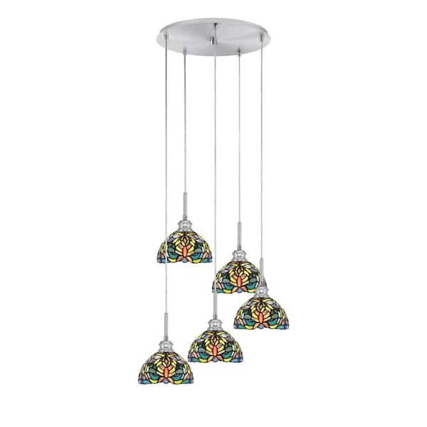Unbranded Albany 60-Watt 19.5 in. 5-Light Brushed Nickel Cord Pendant Light Kaleidoscope Art Glass Shade