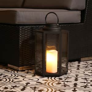 14" Tall Outdoor Hexagonal Battery-Operated Metal Lantern with LED Lights, Black