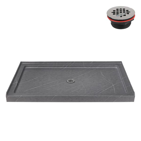 60 in. x 36 in. Alcove Acrylic Shower Pan Base in Matte Grey with Center Drain, Drain Included