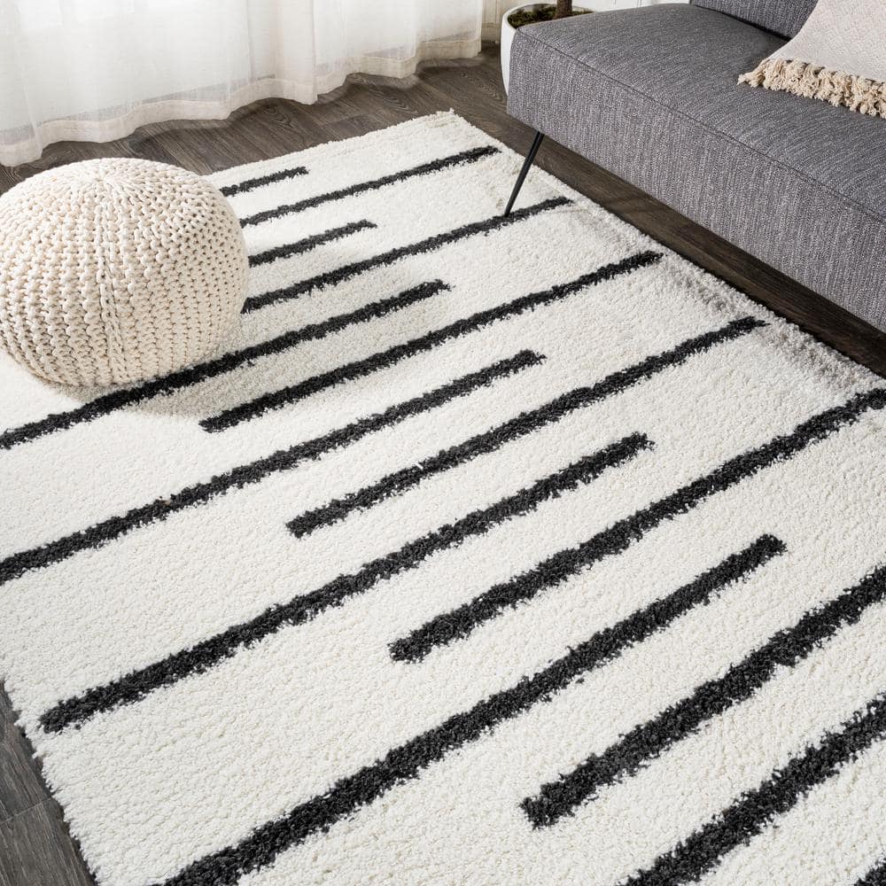 Alaro White and Gray Striped Shag Area Rug