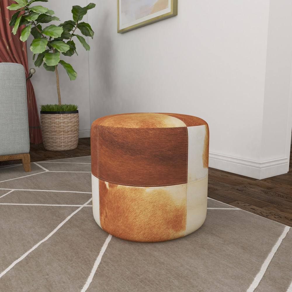 Handmade Patchwork Leather Cylinder Ottoman in Brown - 16" x 16" x 16"