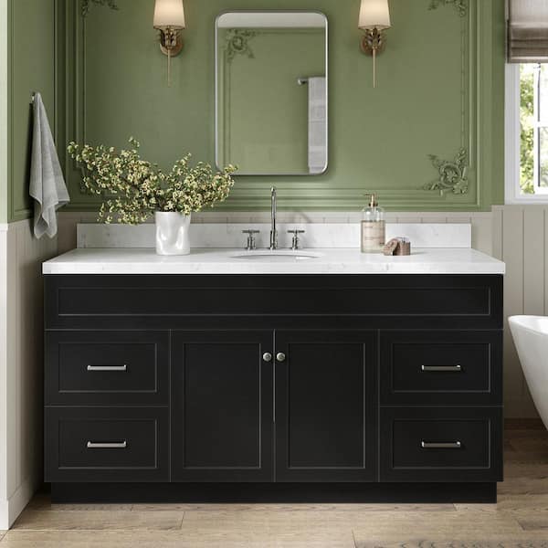 Hamlet 66 in. W x 22 in. D x 36 in. H Single Sink Freestanding Bath Vanity in Black with Carrara White Quartz Top